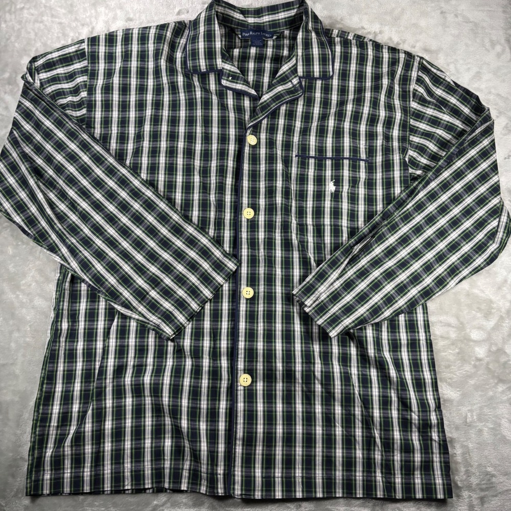 Polo Ralph Lauren Mens Green Plaid Cotton Pajama Sleep Shirt Large L Long Sleeve